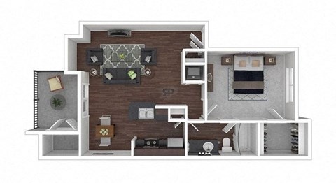 Floor plan for 1 bed, 1 bath, 728 sqft